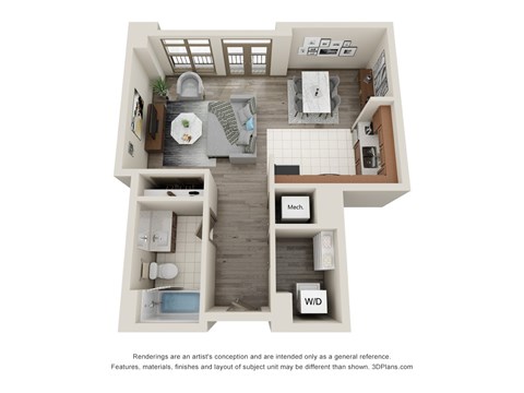 Floor plan for studio, 1 bath, 670 sqft